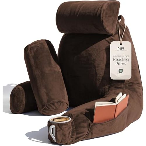 Nestl Reading Pillow with Shredded Memory Foam Includes 2 Neck and Lumber Support Pillows, Designed for Sitting Up in Bed and Couch, Back and Arms Adjustable Support for Adult & Teens, Chocolate Brown