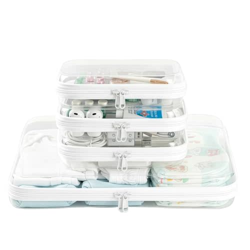 WELPIRT 4 pcs Zipper Pouches Set, XL Hard Shell Storage Bag with 3 Medium Minus Travel Cases, Stackable Toiletry Organizer, Cosmetic Bag, Transparent Travel Storage (XL + 3 M-)