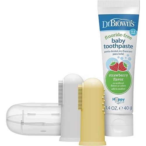 Dr. Brown's 100% Silicone Baby Finger Toothbrush and Toothpaste Set, 2-Pack Toothbrush with Storage Case, Fluoride-Free Strawberry Toddler Toothpaste, Gray & Yellow