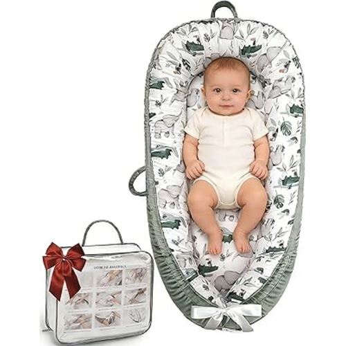 Baby Lounger-Breathable and Soft Organic 100% Cotton, Portable Infant Lounger with Removable Lounger Cover, Baby Nest Lounger for Newborn - Green Zoo