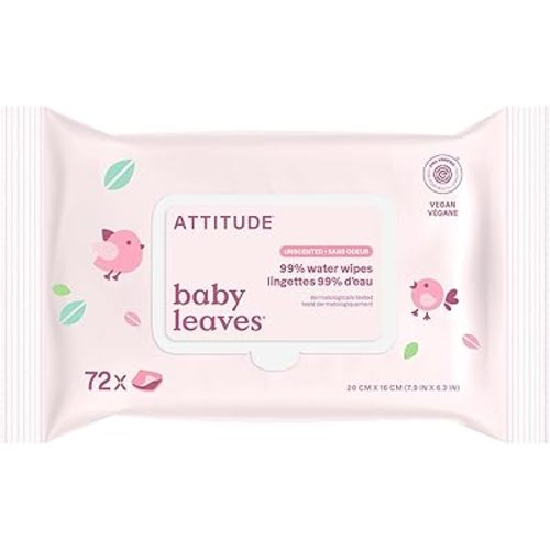 ATTITUDE Baby Water Wipes, EWG Verified, Safe for Newborns, Unscented & Fragrance-Free, 99% Water, Gentle & Hypoallergenic, Vegan & Dermatologically Tested, Travel Pack with Hard Lid, 72 Count
