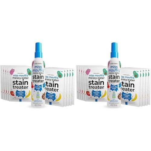Miss Mouth's Messy Eater Stain Treater Spray - 4oz & 10 Wipes Stain Remover - Newborn & Baby Essentials - No Dry Cleaning Food, Grease, Coffee Off Laundry, Underwear, Fabric (Pack of 2)
