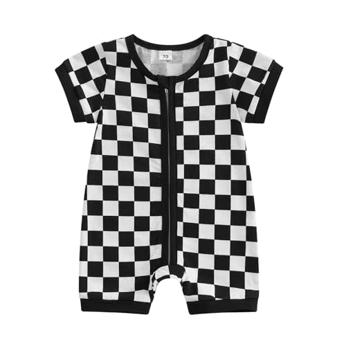 Newborn Baby Boy Girl Clothes Checkered Plaid Waffle Knit Zipper Romper Jumpsuit One Piece Bodysuit Summer Outfit