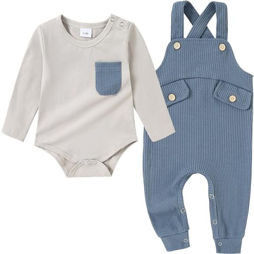 CARETOO Newborn Baby Boy Clothes Infant Boy Romper Fall Winter Outfits Bodysuit 2Pcs Striped Long Sleeve Top Overalls 0-18M