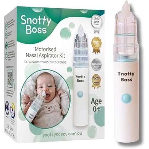 Snotty Boss Baby Nasal Aspirator - Electric Nose Sucker for Baby - Auto Snot & Nose Cleaner Kit with 4 Silicone Tips, Carry Bag & Saline Spray Bottle - AA Battery Operated - Australian Owned