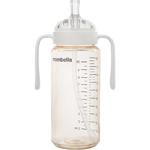 2 in 1Baby Bottles n Sippy Cup with with Handle, Mombella Classic Baby Bottle & Straw Cup, PPSU Toddler Water Bottle, Soft Silicone Fast Flow Nipple, BPA Free Transition Cup for 6 Months+, 10oz, Ivory