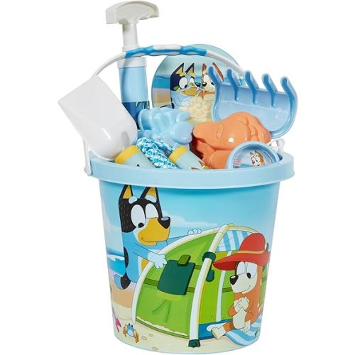 Little Kids BLUEY Beach Toys for Kids 9pc Beach Bucket and Sand Toys Set | Includes Bluey Beach Bucket, Shovel, Rake, 2 Sand Molds, 4 Bluey Toys – Sandbox Toys for Toddlers