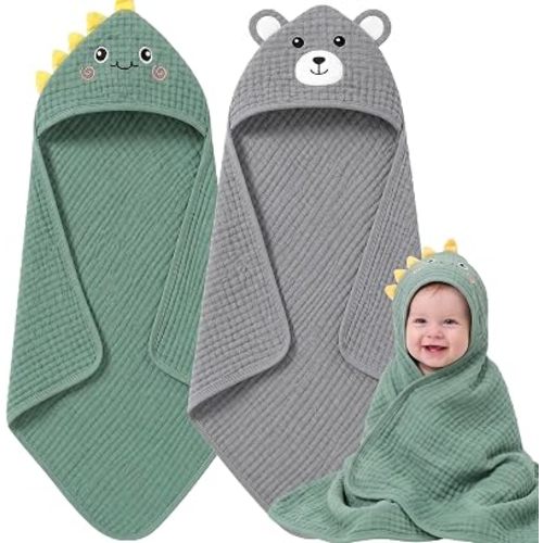 4 PCS Muslin Baby Bath Towels Set for Boys & Girls, Dinosaur & Bear
