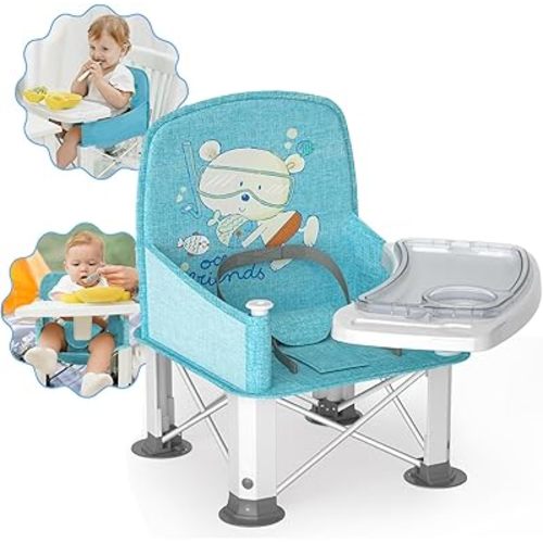 Baby Travel Booster Seat with Double Tray, BabyBond Upgraded Toddler Portable Baby Chair, Booster Seat for Dining Table, Stable and Foldable Booster Baby Chair for Indoor/Outdoor (Blue Sea World)
