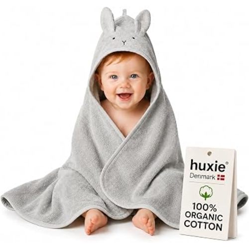 Hooded Baby Towel – 100% Organic Cotton Baby Bath Towels – Baby Boy and Girl Newborn Essentials - Super-Soft and Absorbent. (Rabbit - Pearl Grey)