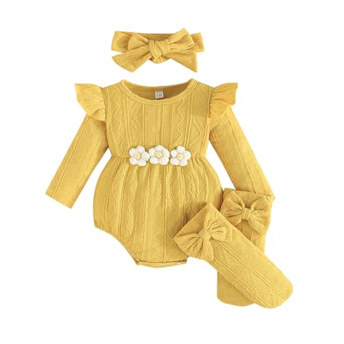 Newborn Infant Baby Girl Cotton Baby Romper Knitted 3d Flower Clothes Long Sleeve Warm Sweater Outfit With Socks