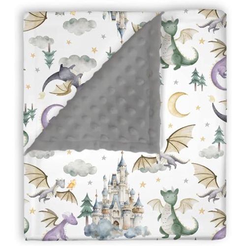 Mink Baby Boys Blanket Dragon Tale Castle, Watercolor Green Moon Clouds Stars Tree Soft Double Layer Dotted Backing Receiving Blankets, Newborn Infant Toddler Nursery Crib Bedding 30