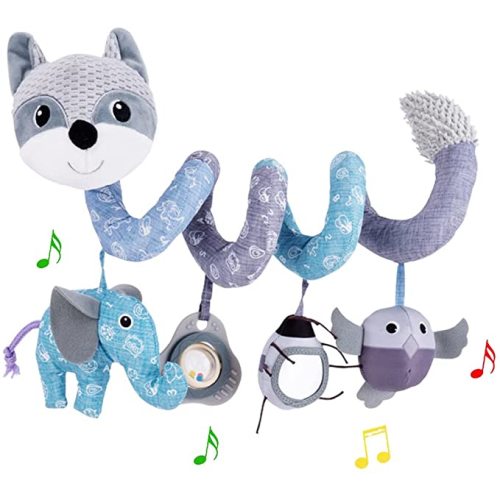 Car Seat Toys, Baby Plush Spiral Hanging Toys for Stroller Crib Bar Bassinet Car Seat Mobile with Musical Owl BB Squeaker Elephant- Gray Fox
