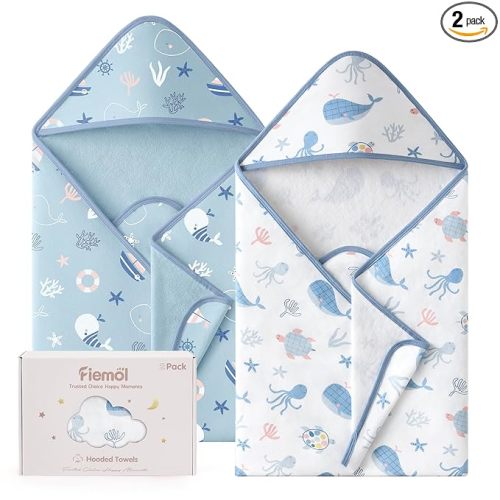 Hooded Baby Towels for Newborn,100% Cotton Baby Bath Towels with Hood for Infant Toddler Boy Girl, 2 Pack 32x32 Inch Soft & Absorbent Knit Terry Bath Essentials Blue Whale