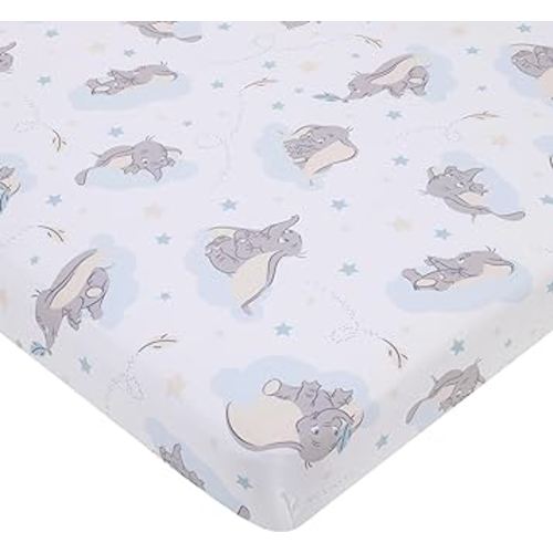 Disney Dumbo Light Blue, Gray, and White Super Soft Nursery Fitted Mini Crib Sheet