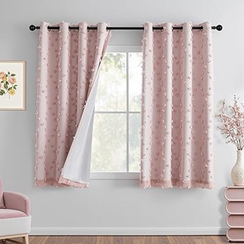 MYSKY HOME Blush Pink Pom Pom Blackout Curtains for Girls Bedroom 63 Inch Long 100% Room Darkening Curtain for Kids Room 2 Panels Small Window Treatment Grommet 2 Layered Drapes Toddler 52W x 63L