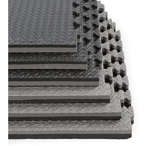 Xspec 1" Extra Thick 48 sq ft Reversible EVA Gym Foam Floor Mat Tiles (24" x 24"), Steel Pattern, 12 pcs, Black & Grey