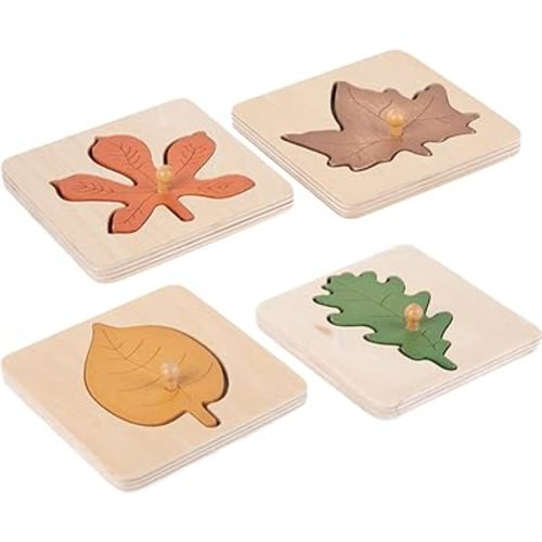 Kisangel Montessori Leaf Puzzle Set, 4Pcs Wooden Tree Identification Toys with Knobs for Toddler Cognitive Learning, Nature Exploration, and Preschool Educational Activities, Assorted Colors, 3.74 X 3