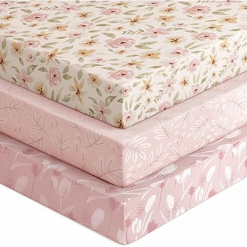 Baby Crib Sheets for Boys Girls, Fitted Crib Sheet Neutral 3 Pack for Standard Crib and Toddler Mattress, Breathable Soft Microfiber Baby Sheet 28x52x8in Pink Flowers & Leaf