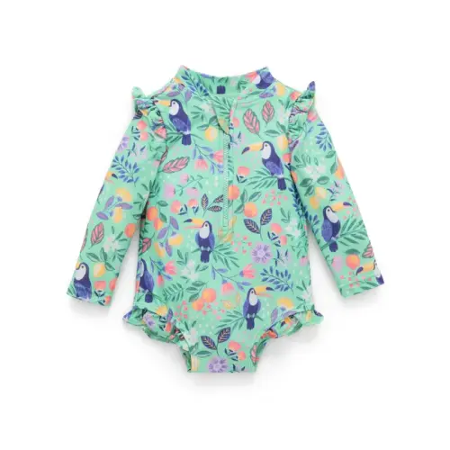 Purebaby Printed Frilly Long Sleeve Swimsuit- Toucan Print | Baby Bunting AU