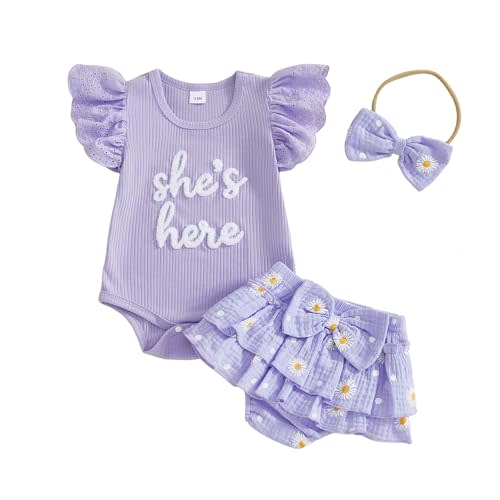 Madjtlqy She is Here Newborn Outfit Baby Girl Clothes 0 3 6 9 12 18 Months Ruffle Sleeve Romper Headband Shorts Set