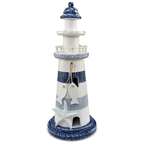 Puzzled COTA Global Large Blue White and Blue Stripes Wooden Lighthouse Decor - Cute Nautical Theme Decor Lighthouse with White Starfish Decor and Hanging Fish Decorative Ornaments - 4.5x11 Inches
