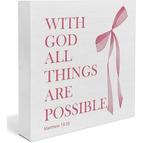 Pink Bow Decor for Girls Room Bathroom, With God All Things Are Possible Christian Wooden Box Sign, Preppy Coquette Room Decor for Girly Dorm, 5×5 Inches