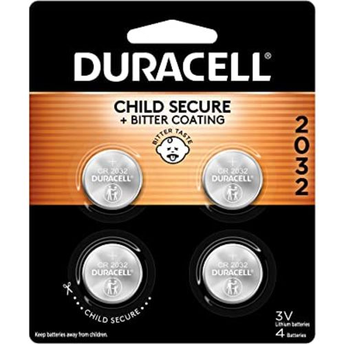 Duracell CR2032 3V Lithium Battery, Child Safety Features, 4 Count Pack, Lithium Coin Battery for Key Fob, Car Remote, Glucose Monitor, CR Lithium 3 Volt Cell