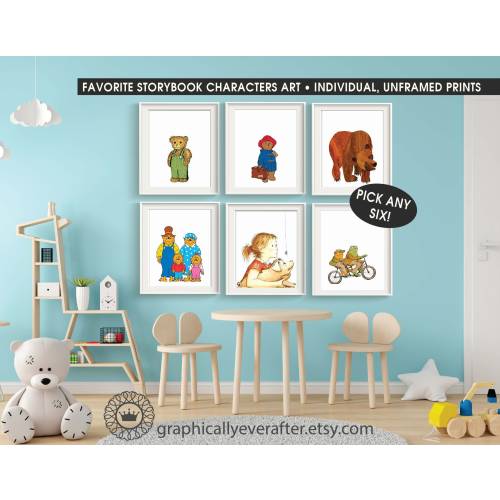 Book Characters Art Prints, Classic Storybook Posters, School Library Prints, UNFRAMED Qty 6, Baby Gender Neutral Nursery, Baby Shower Gift