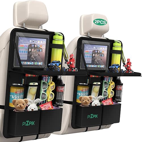 Car Backseat Organizer with Tablet Holder,11 Storage Pockets with Foldable Food Tray, Protector Kick Mats for Kids, Travel Accessories Organizer (Black, 2Pack with Food Tray)