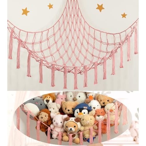 Stuffed Animal Storage Hammock or Net Corner - Large Toy Hammock Net for Stuffed Animals Room Decor - Cute Stuff Animal Organizer Plush Holder - Kids Baby Nursery Essentials Wall Bedroom Home Decor