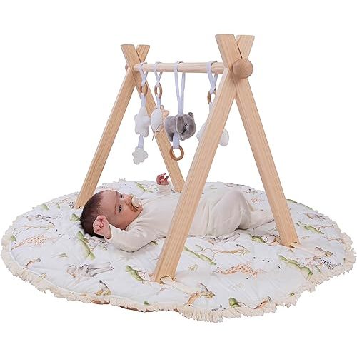 Montessori Wooden Baby Play Gym and Mat | Heirloom-Quality FSC Pine, Reversible Washable Mat, Includes Hanging Toys | Neutral Baby Activity Gym for Newborn to 6 Months
