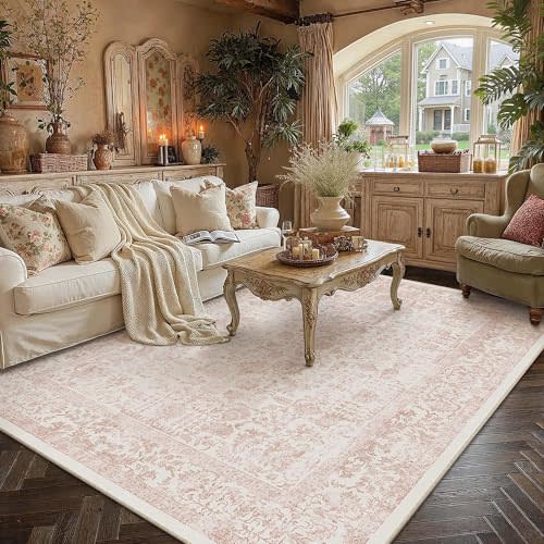 PureCozy Pink Area Rug 7x10 Vintage Floral | Washable, Non Slip, Soft Low Pile, Neutral, Farmhouse, Indoor Carpet for Living Room, Bedroom, Dining Room, Retro Home Decor