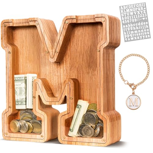 KMC Wooden Letter Piggy Bank, Personalized Initial Piggy Bank for Kids Boys, Clear Alphabet M Wood Money Box, Unbreakable Coin Saving Jar, Birthday, for Children