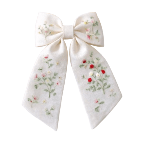 Personalized Linen Hair Bow – Hand Embroidered Flower Bow with Pattern – Custom Name Text Bow for Girls, Handmade Hairpin Bow for Girl