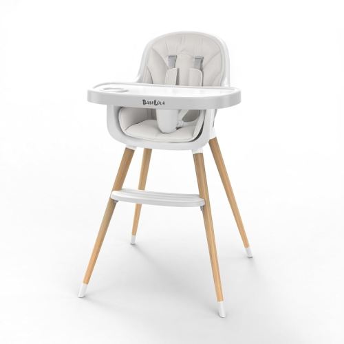 Baby High Chair, Wooden Highchair with Removable Tray, Adjustable Legs, Cushion, 5-Point Harness and Footrest for Infants, Baby, Toddlers, Gray