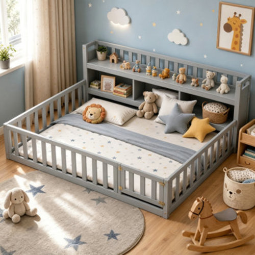 Montessori Floor Bed With Guardrails And Built-In Bookshelves. Easy-To-Assemble Montessori Bed For Children | Wayfair