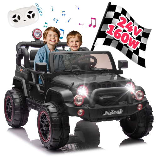Xuanlur 24V Ride on Toys with Width Seat, Ride on Car with Remote Control, Kids Ride on Truck Car for Kids, Rear Suspension, Portable Pull Rod, Light, Trunk Storage, Bluetooth, USB, 2.5-4MPH (Black)