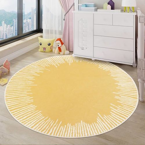 Modern Abstract Rug 5Ft Round Chic Sunshine Rug Nonslip Bedroom Carpet for Kids Nursery Living Room Sun Play Mat Circle Throw Rug for Indoor Home Decor, 5.2Ft, Yellow