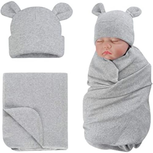 PESAAT Cotton Baby Swaddle Hat Set Newborn Infant Hats Receiving Blankets for Baby Boys Girls