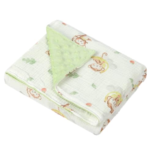 Baby Boys Girls Minky Blanket, Soft Nursery Receiving Blankets (Monkey) | Muslin Cotton Front and Dotted Fleece Backing, Muslin Baby Blanket for Newborn Toddler Crib Stroller Car Seat