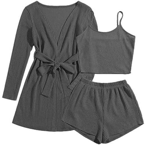 Ekouaer Pajamas for Women Set 3 Piece Lounge Set Soft Pajama Sets Waffle Knit Tank Top and Shorts Cardigan with Pockets S-XXL