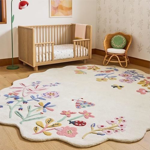 Scalloped Floral Kids Area Rug – Hand-Tufted Wool Carpet for Living Room, Bedroom|Soft Cream Base with Colorful Flower (Cream, 4 x 6 Feet)
