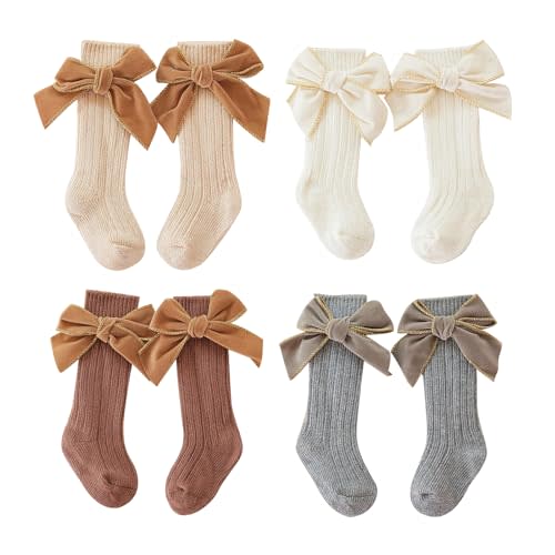 Merqwadd 4-Pack Baby Girls Knee High Socks Infants Toddlers Bow Knit Socks Cotton Tube Ruffled Stockings