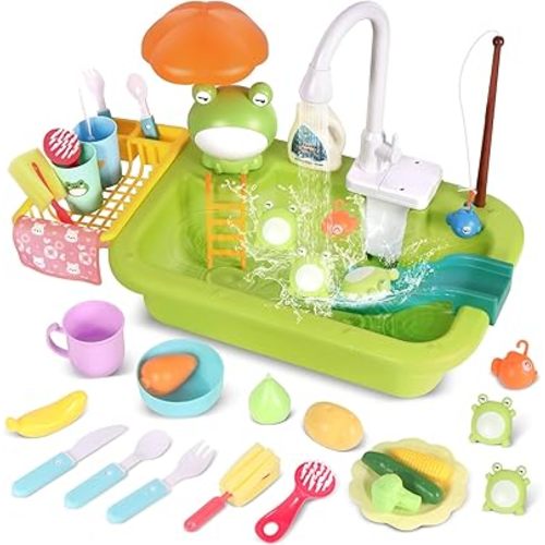 Play Sink with Running Water, Pretend Kitchen Toy for Kids Ages 3
