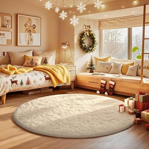 Ophanie Round Rug 4Ft Ivory Circle Area Rugs, Fluffy Fuzzy Small Bedroom Carpet 4 foot, Plush Shag Floor Cream Living Room Christmas Circular Aesthetic Decor for Kids Teen Boys Baby, Nursery,Classroom
