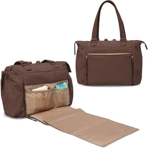 Mominside Diaper Bag Tote - Baby Diaper Bag with Changing Station, 16 Pockets, Travel Diaper Bag Backpack with Stroller Straps, Luggage Sleeve, Baby Bag for Mom Dad,Brown