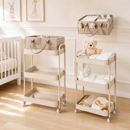 3 Tier Rolling Baby Diaper Cart with Detachable Dividers, Nursery Storage Organizer for Baby Essentials, Bedside Caddy for Bedroom Living Room, Taupe