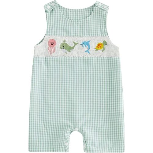 Karuedoo Newborn Baby Boy Summer Clothes Animal Embroidery Plaid Sleeveless Romper Jumpsuit Overall Bodysuit One-Piece Outfit