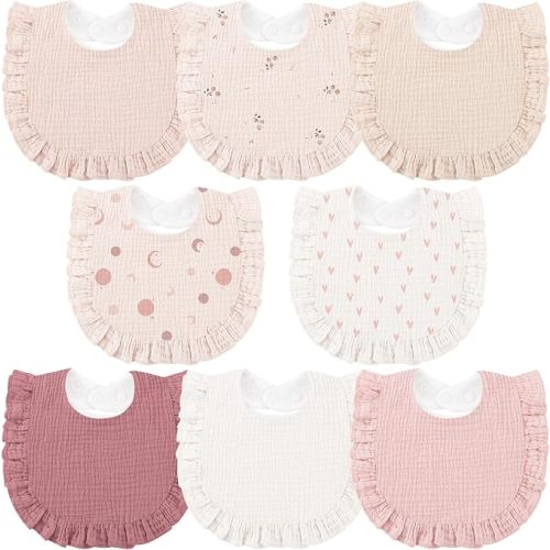 Bearmoss 8 Pack Muslin Baby Bibs for Drooling and Teething, Bibs for Girls